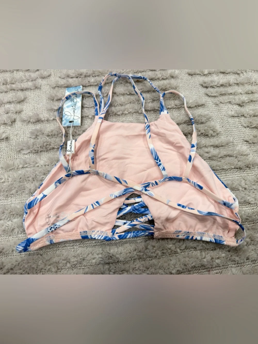 Frankie's Bikinis Peach and Blue Floral High Neck Bikini Top